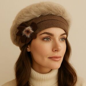 Angora Wool Beret Brown Taupe Winter Floral Accent Aspen Chic Rabbit Fur Hat Cap